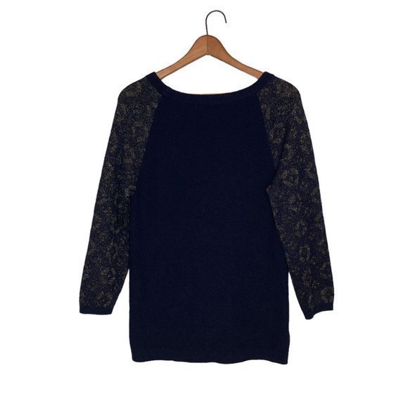 Ann Taylor LOFT Large L Navy Metallic Shimmer Gold Sleeve Knit Pullover Sweater - Picture 2 of 4